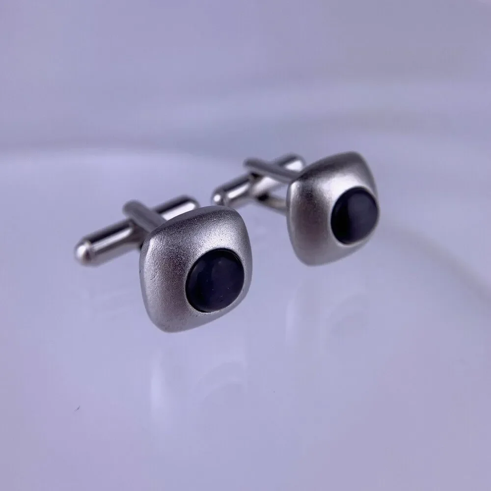 Gray Cats Eye Cabochon Silver Tone Cufflinks Matte Formal Retro Vintage
